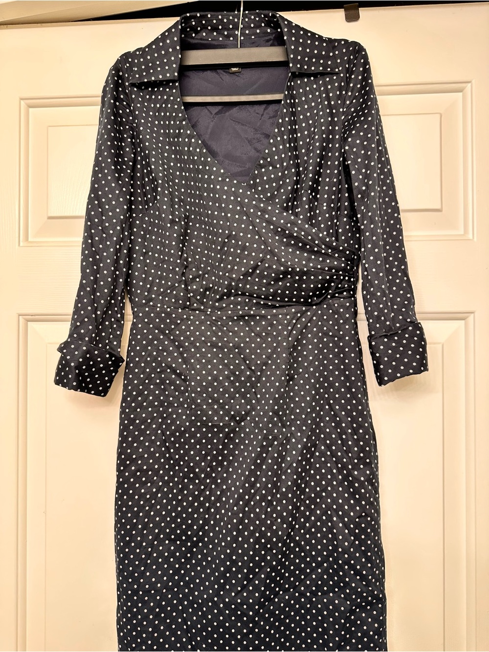 Ann Taylor Navy and White Polka Dot Wrap-Style Long Sleeve Dress
